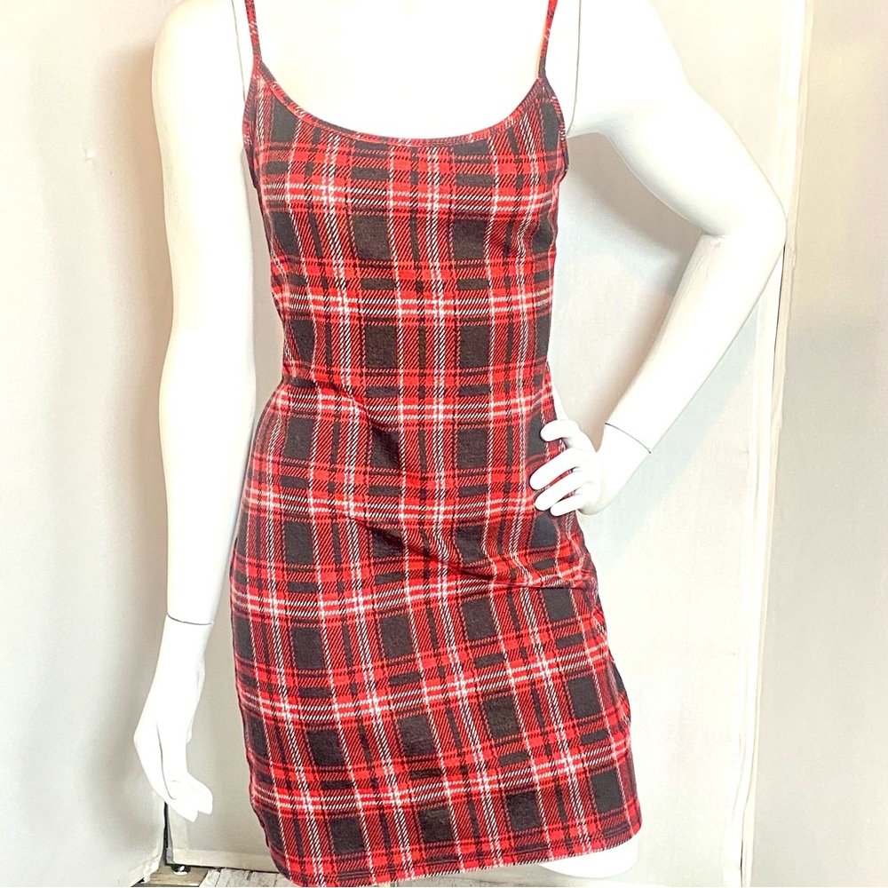 Plaid Red Mini Slip Dress with Spaghetti Straps